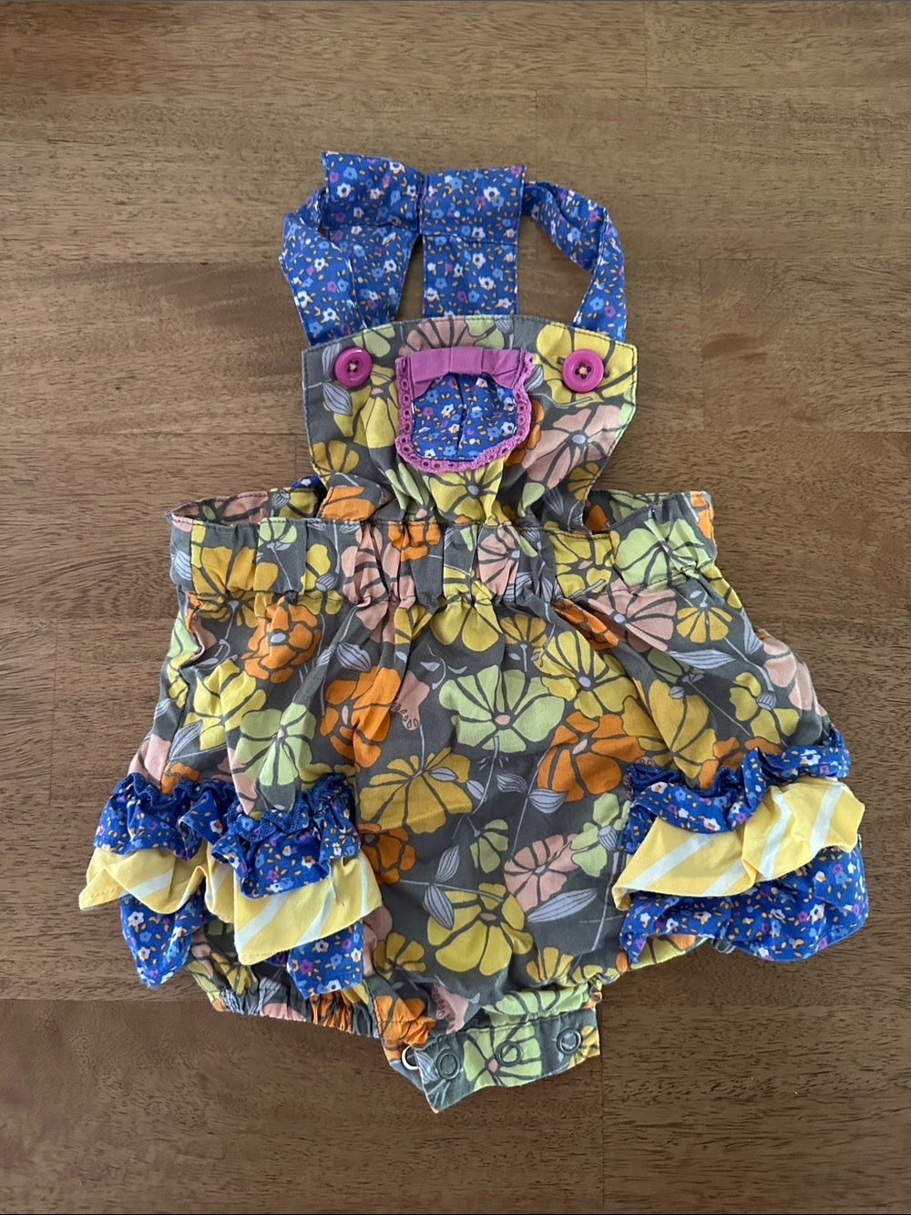 EUC Matilda Jane Floral Bubble Overalls with Blue Straps and Yellow Accents